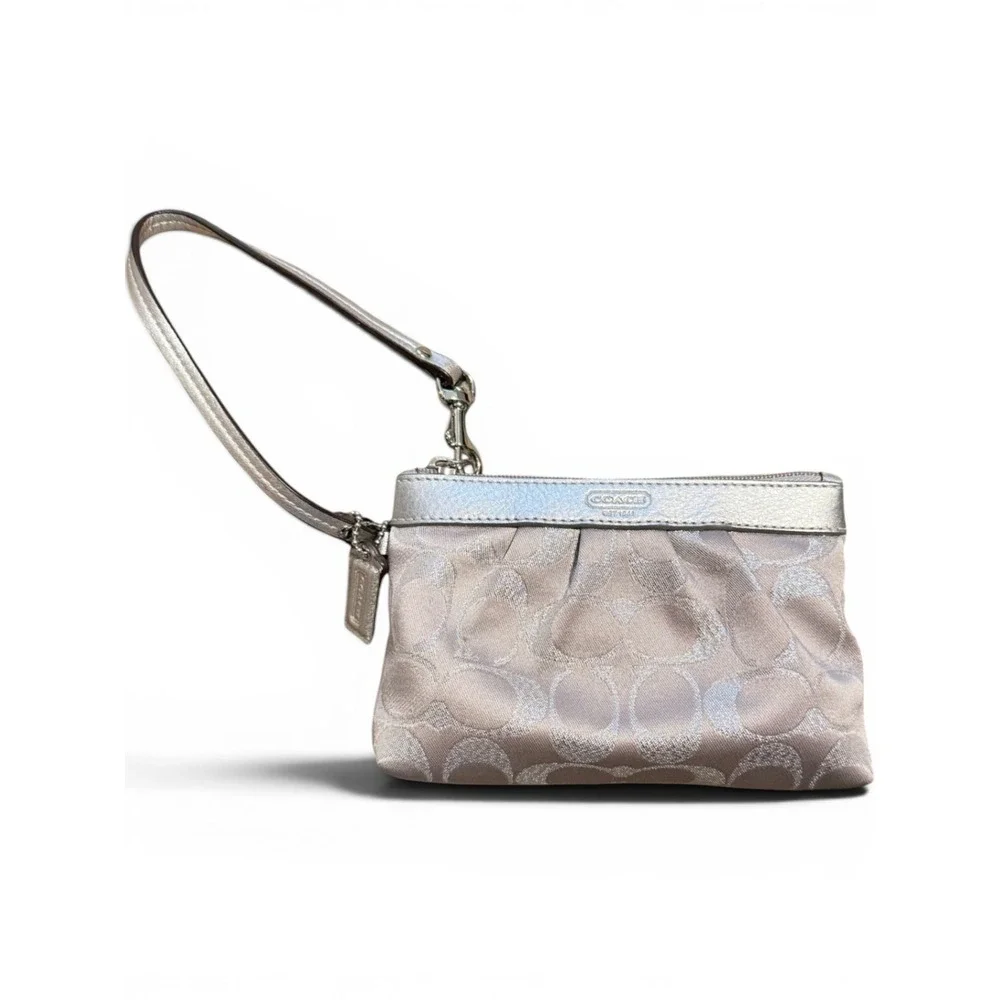 Coach Signature Jacquard Wristlet Silver Metallic Leather Trim Lavender Lining